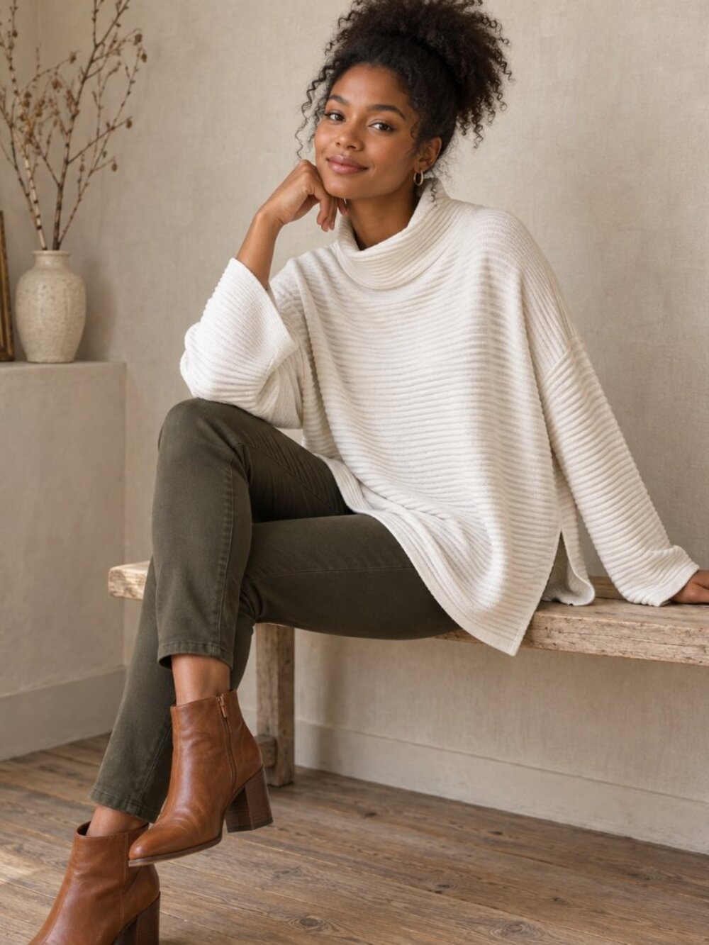 French Connection Cream Ribbed Cowl Mock Neck Sweater Large Oversized